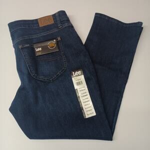 Lee Straight Leg Jeans Women's 18 Short Size 36x27 Blue Mid Rise Dark Wash